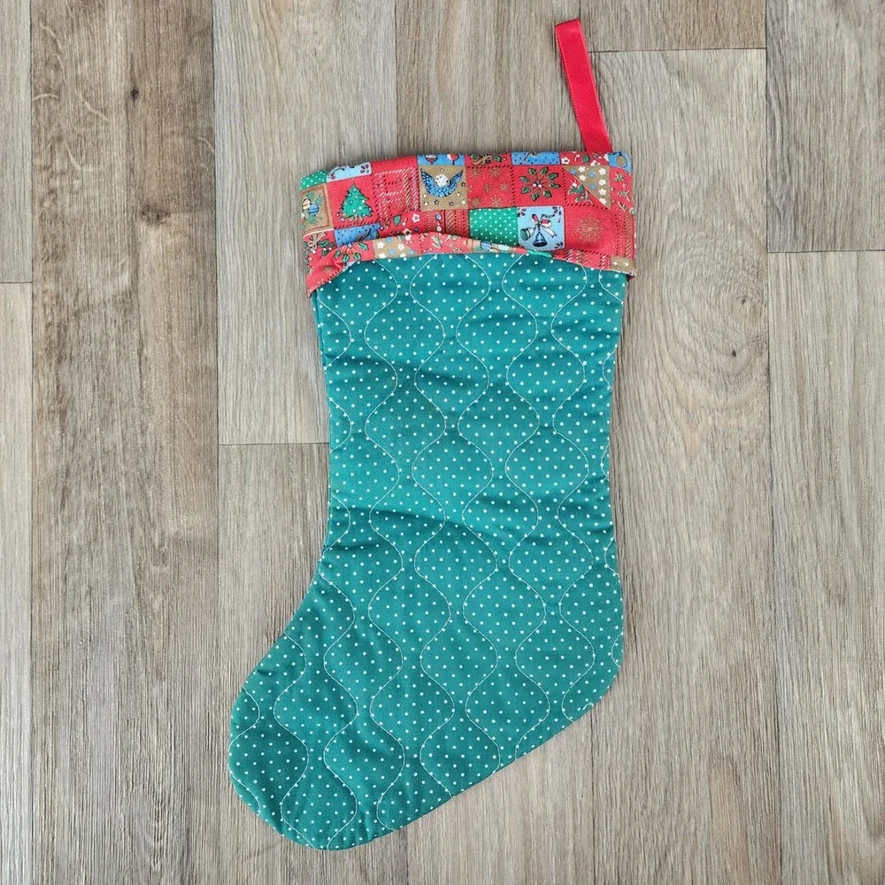 Handmade Quilted Christmas Stocking Calico Cat Applique Teal Green Patchwork 15